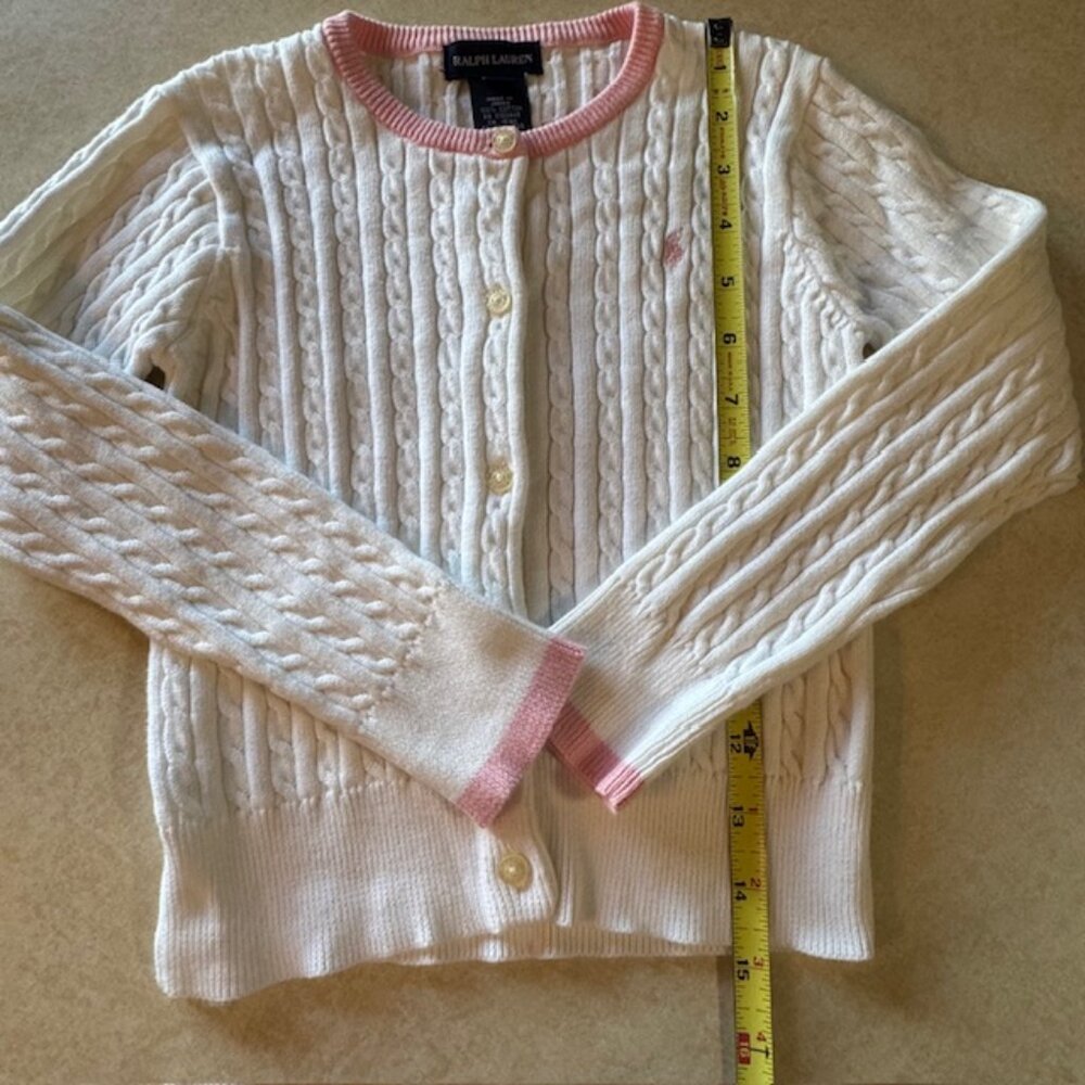 Ralph Lauren White Pink Cable Knit Cardigan Sweater sz 5 - Picture 6 of 7